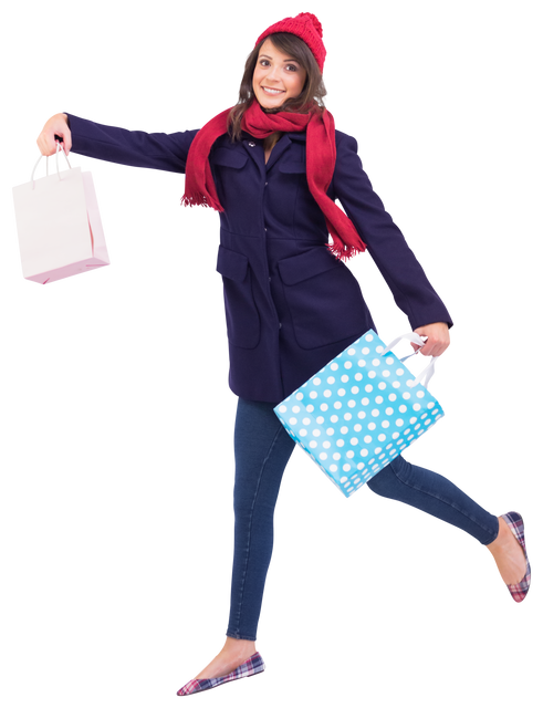 Festive Brunette Wearing Winter Clothes Holding Shopping Bags On Transparent Background - Download Free Stock Videos Pikwizard.com