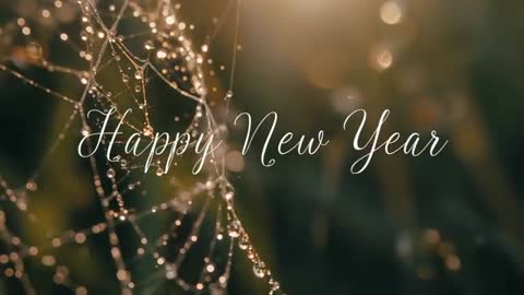 Happy New Year Greeting Over Glittering Dewy Spider Web Catching Sunrise Light