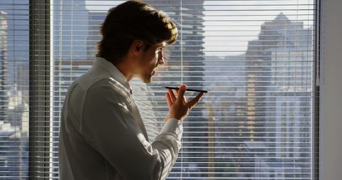 Young executive engaging on phone in modern office