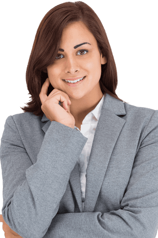 Transparent Background Smiling Hispanic Businesswoman in Gray Blazer