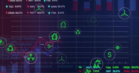 Futuristic energy and financial analytics dashboard tracking sustainability metrics