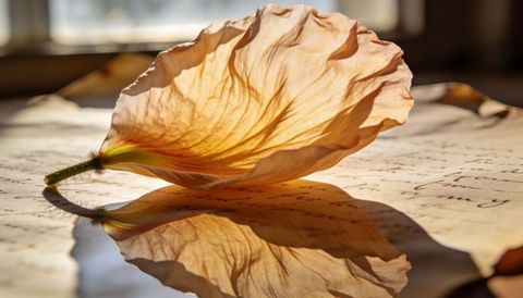 Backlit peach petal showing veins resting on handwritten paper with glossy reflection