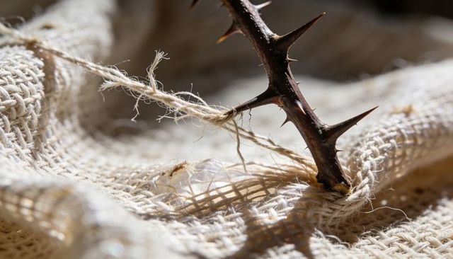 Thorny branch piercing coarse burlap with frayed twine and glistening water droplet macro