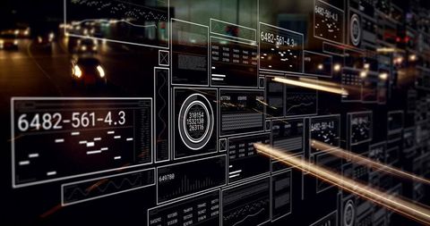 Abstract data panels on night highway with light trails
