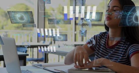 Teen Girl Studying with Laptop and Augmented Reality Interface, Reaching for Notebook