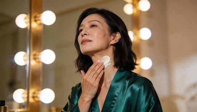 Applying neck cream at vanity mirror with warm bulbs, woman wearing green satin robe