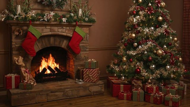 Cozy Christmas Living Room with Fireplace and Gifts