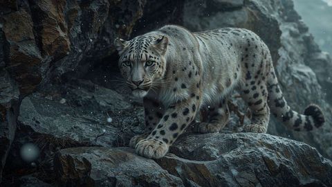 Regal Snow Leopard Balancing on Rocky Mountain Ledge
