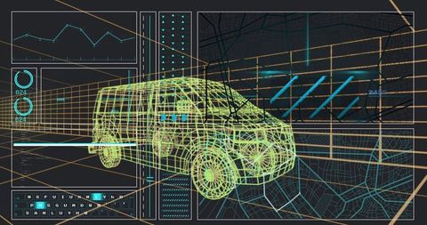 Neon HUD 3D Wireframe Van Rotating in Futuristic Data Dashboard with Grid Map Overlays
