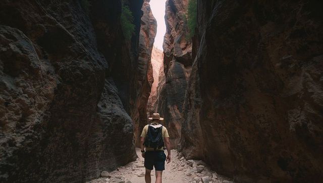 Solo male hiker walking through narrow sunlit slot canyon with towering sandstone walls