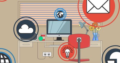 Digitally Generated Image of Modern Office with Media Icons