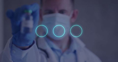 Doctor Holding Vial with Futuristic Neon Circles Display