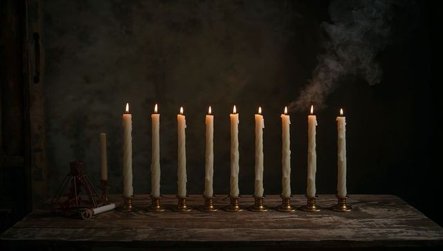 Row of Nine Flickering Twisted Candles in Brass Holders on Rustic Wooden Table, Warm Amber Glow