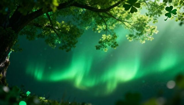 Emerald aurora streaming under oak canopy with glowing clover and tranquil forest clearing