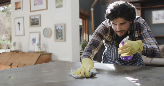 Focused Man Spraying and Wiping Kitchen Counter - Download Free Stock Images Pikwizard.com