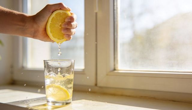 Hand squeezing lemon over glass on sunny windowsill with splash and lemon slice