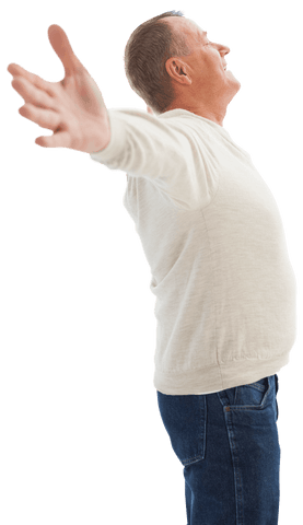 Happy mature man in casual attire with hands outstretched transparent
