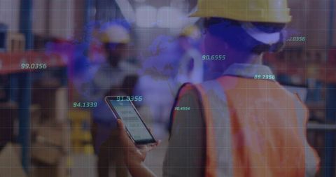 Construction Worker Checking Smartphone with Augmented Data Overlays on Site