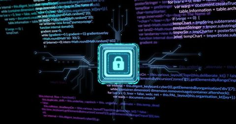 Neon padlock icon with circuit lines representing cybersecurity encryption