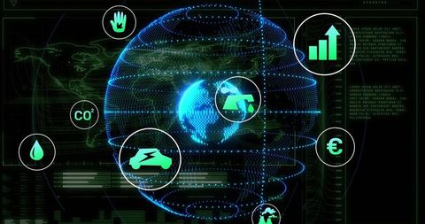 Holographic digital globe HUD displaying sustainability metrics, CO2, energy, finance