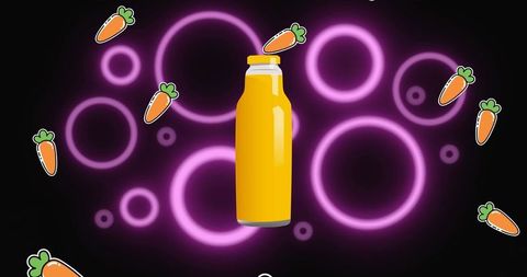 Falling Carrots with Gourmet Juice Bottle on Vibrant Background
