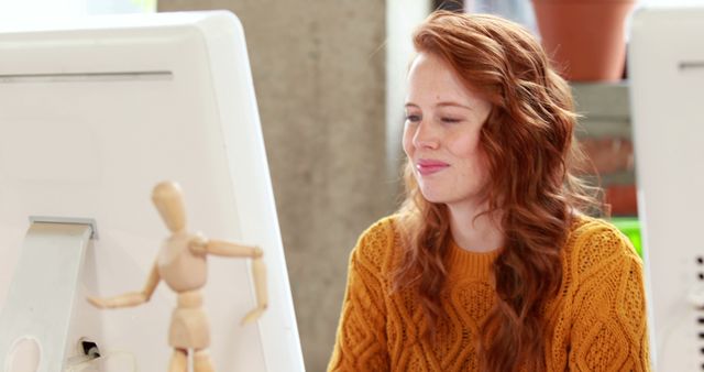 Young Woman Working on Computer Smiling - Download Free Stock Images Pikwizard.com