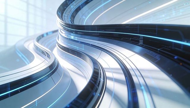 Gliding multilayered futuristic tracks with blue led streams, hud graphics, metallic glass