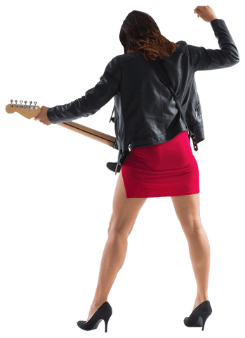 Rockstar woman in black jacket playing electric guitar transparent