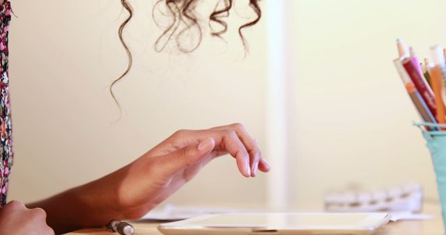 Close-Up of Young Person Using Tablet for Remote Learning - Download Free Stock Images Pikwizard.com