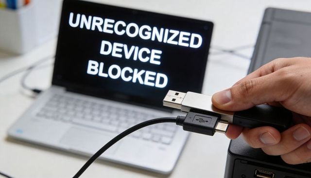 Unrecognized usb device being blocked on laptop showing security warning