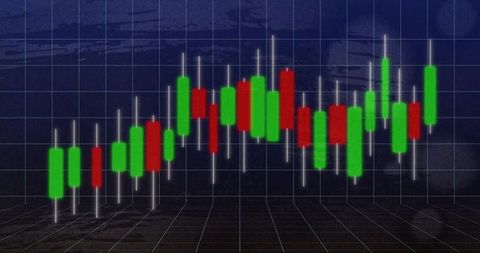 Candlestick chart showing market volatility on 3d grid with green red bars and white wicks