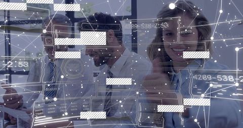 Business Team Collaborating with Holographic Data Visualization and Digital HUD Overlay