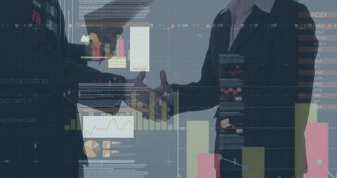 Business deal with financial data overlay in office environment