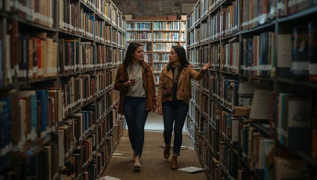 Two women walking and browsing library stacks while holding phone and pointing, talking