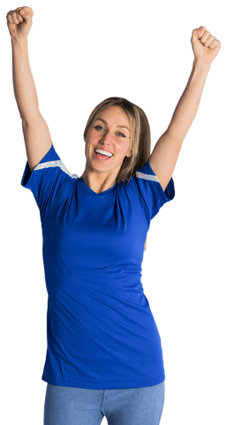 Joyful Female Football Fan Cheering in Blue Jersey on Transparent Background