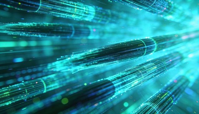 Glowing cylindrical data streams racing through neon digital tunnel tech abstract
