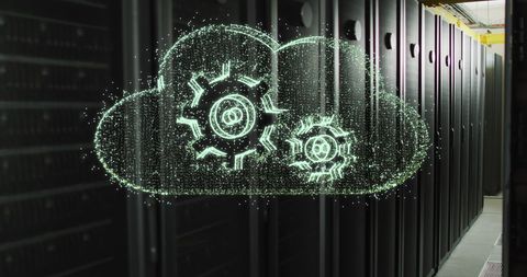 Digital cloud technology with cogs over server background