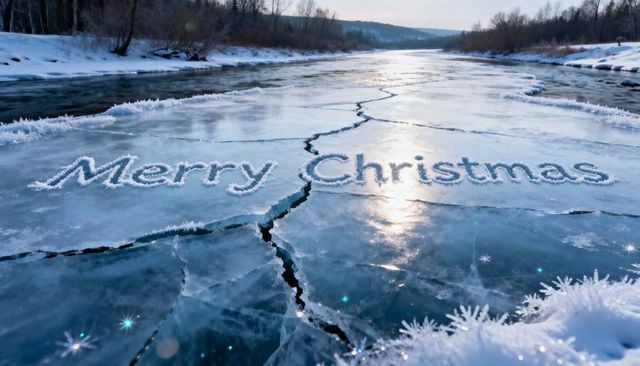 Glowing merry christmas lettering on cracked frozen river with frosted crystals and snow banks