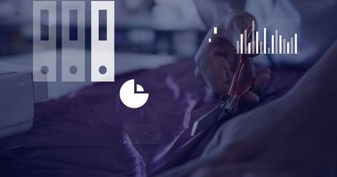 Tailor cutting purple fabric with red shears in workshop, business analytics overlay