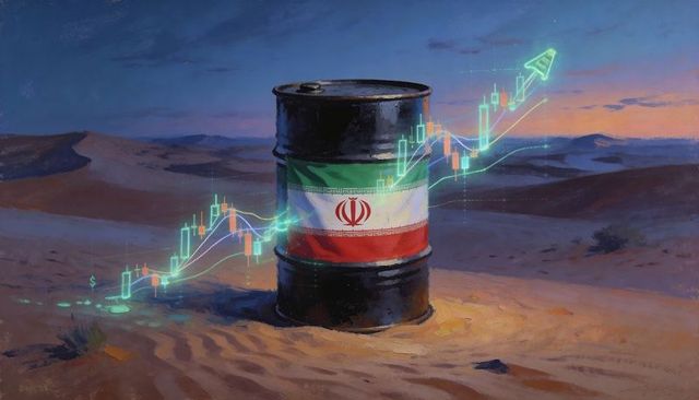 Iranian oil barrel projecting holographic bullish candlestick chart over desert dusk