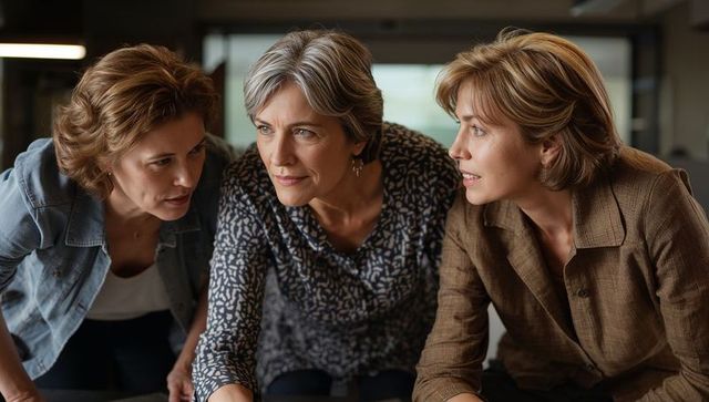 Three women collaborating intently around meeting table for team strategy and planning