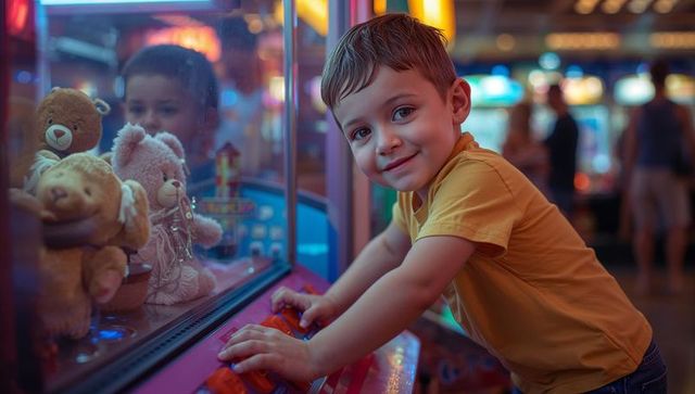 Young boy joyfully playing claw machine at arcade
