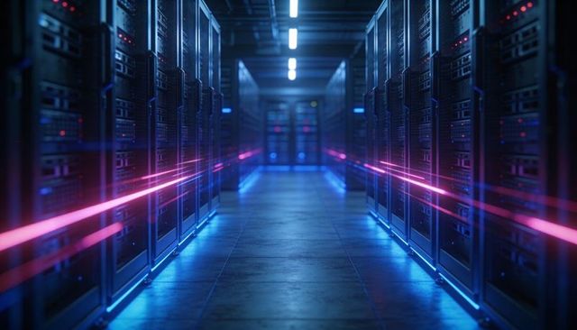 Neon data center aisle with blue servers and magenta light trails for high-speed network