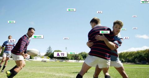 Intense rugby match with players engaged on sunny field