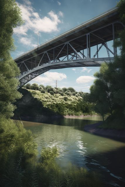 Bridge crossing river over trees and blue sky, created using generative ai technology. Building, construction, architecture, digitally generated video.