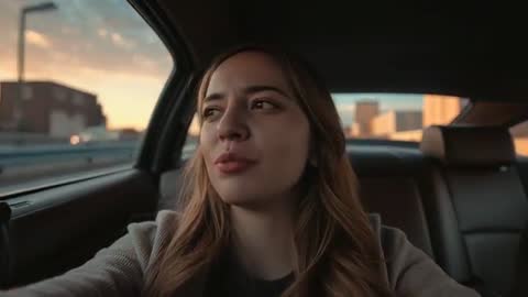 Vlogger Recording Message in Moving Car with Sunlit Cityscape