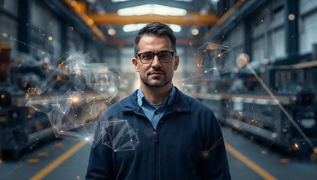 Engineer Wearing Glasses Viewing AR Overlay in Smart Factory, Data Visualization