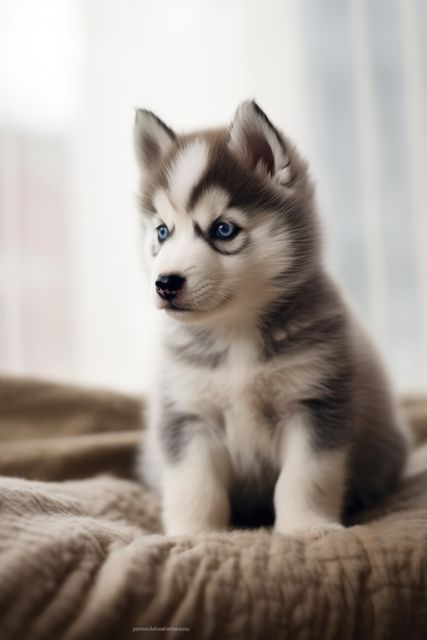 Adorable Husky puppy with blue eyes sitting on a cozy blanket, perfect for marketing materials for pet-related products, blogs about puppies, and social media posts emphasizing cuteness or pet adoption promotions. Captures softness, tenderness, and the appeal of young pets, adding a heartwarming effect to any project.
