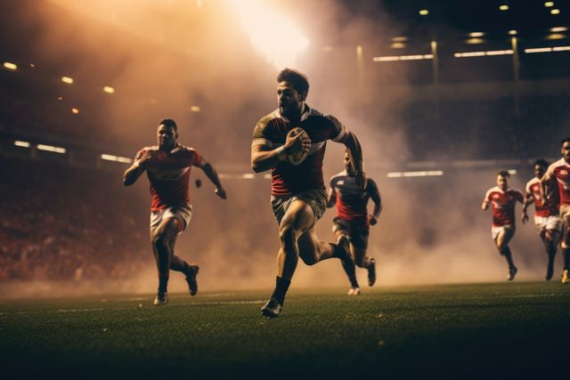 Rugby players running on field under bright stadium lights. Perfect for sports ads, team spirit themes, and athletic training promotions.