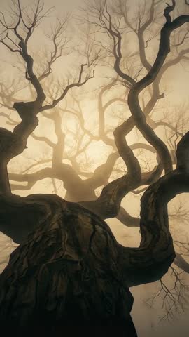 Tilting Up Through Gnarled Leafless Tree Canopy in Fog Backlit Vertical Video
